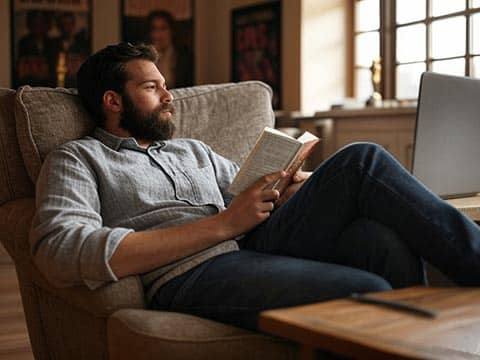 Screenwriter thinking about how to adapt a book 480w